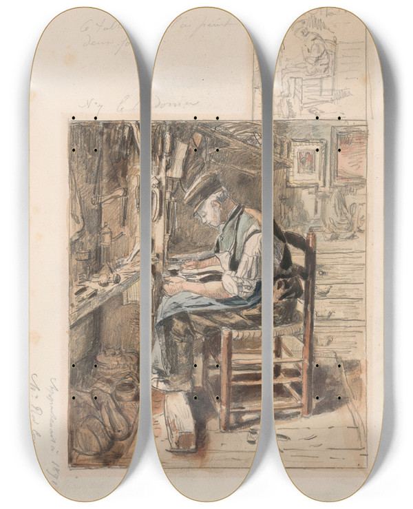 Triptych art skateboard deck of Henri De Braekeleer The Cobbler by Henri de Braekeleer (1840-1888)