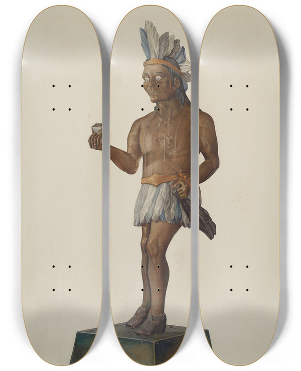 Triptych art skateboard deck of Victor F Muollo Cigar Store Indian by Victor F Muollo