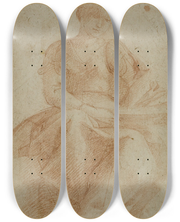 Triptych art skateboard deck of Domenico Fiasella Seated Woman With Book by Domenico Fiasella (1589-1669)