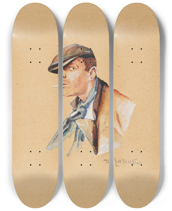 Triptych art skateboard deck of Theodor Zasche Ein Plcher by Theodor Zasche (1862-1922)