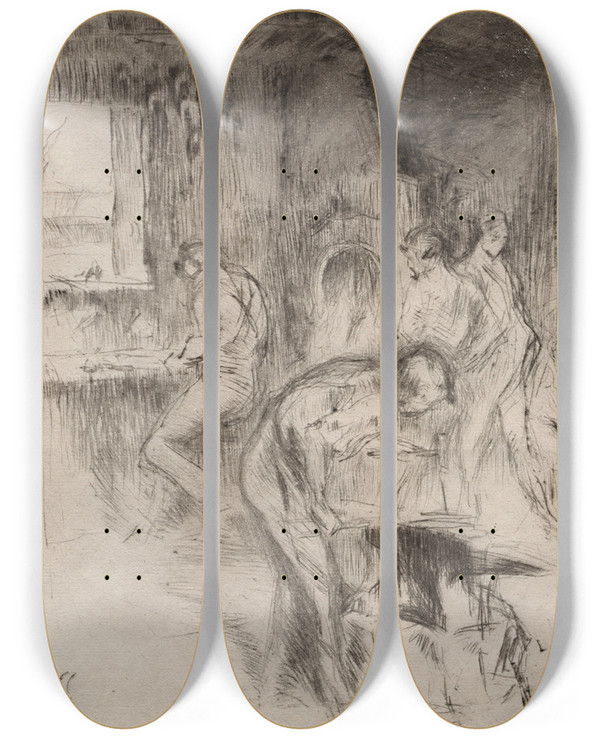 Triptych art skateboard deck of James Abbott Mcneill Whistler The Little Forge by James Abbott Mcneill Whistler (1834-1903)