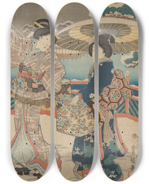 Triptych art skateboard deck of Toyokuni Utagawa Snow Scene Two Women With Umbrellas And Bags by Toyokuni Utagawa (1769-1825)