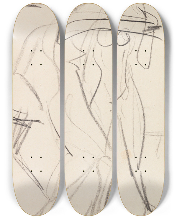 Triptych art skateboard deck of Ernst Ludwig Kirchner Zwei Weibliche Akte_2 by Ernst Ludwig Kirchner (1880-1938)