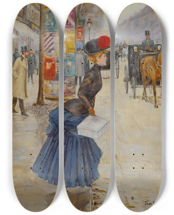 Triptych art skateboard deck of Jean Braud Jeune Femme Traversant Le Boulevard by Jean Beraud (1849-1935)