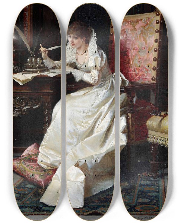 Triptych art skateboard deck of Pio Ricci La Lettera by Pio Ricci (1850-1919)