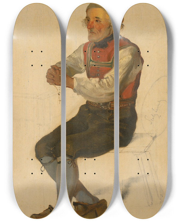 Triptych art skateboard deck of Friedrich Carl Von Scheidlin Study Of A Seated Peasant by Friedrich Carl Von Scheidlin (1822-1913)