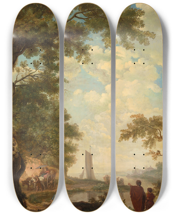 Triptych art skateboard deck of Jurriaan Andriessen Arcadisch Landschap Met Figuren Bij Een Rivieroever by Jurriaan Andriessen (1742-1819)