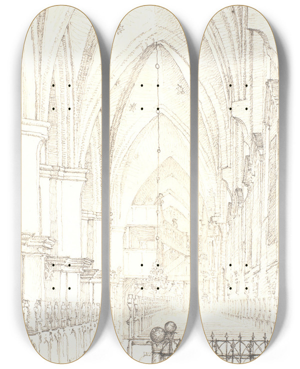 Triptych art skateboard deck of Christen Kbke The Southern Aisle Of St Canutes Church In Odense by Christen Kobke (1810-1848)