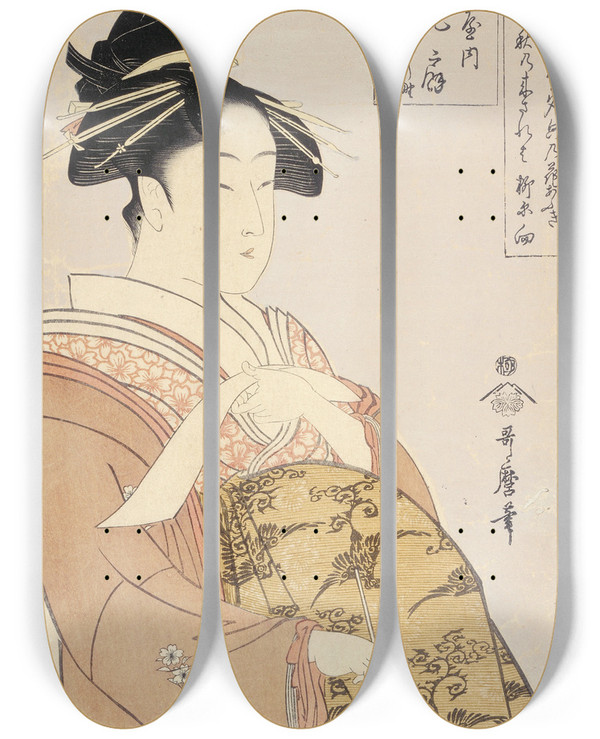 Triptych art skateboard deck of Kitagawa Utamaro Courtesan Hanaogi Of The Ogiya House by Kitagawa Utamaro (1753-1806)