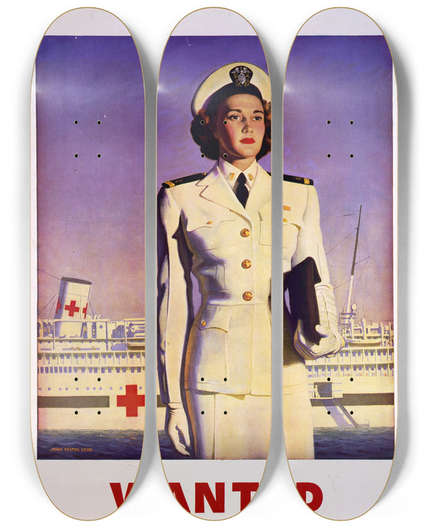 Triptych art skateboard deck of John Philip Falter Wanted More Navy Nursesbe A Commissioned Officer In The Us Navy by John Philip Falter (1910-1982)
