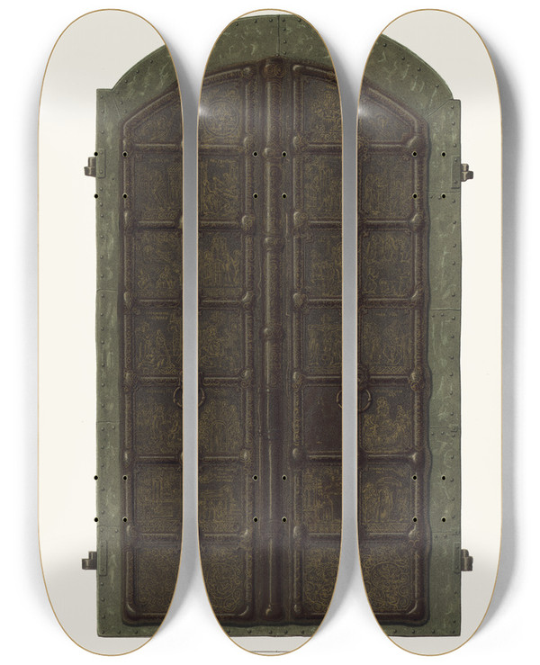 Triptych art skateboard deck of Fedor Grigoryevich Solntsev Mednyia Zapadnyia Dveri V Suzdalskom Sobore Rozhdestva Bogoroditsy by Fedor Grigoryevich Solntsev (1801-1892)