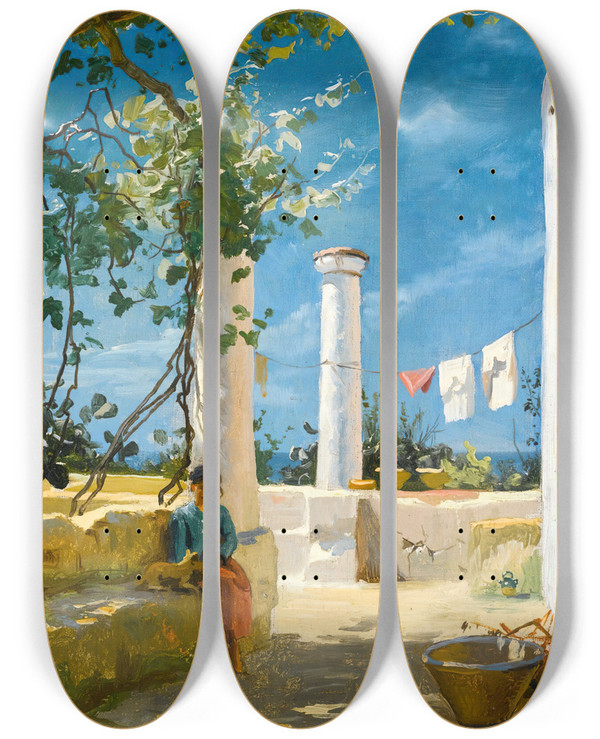 Triptych art skateboard deck of Peder Mrk Mnsted Summer In Capri by Peder Mork Monsted (1859-1941)