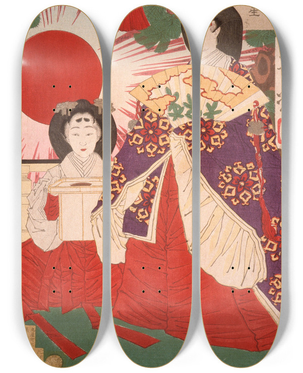 Triptych art skateboard deck of Tsukioka Yoshitoshi Sunrise by Tsukioka Yoshitoshi (1839-1892)