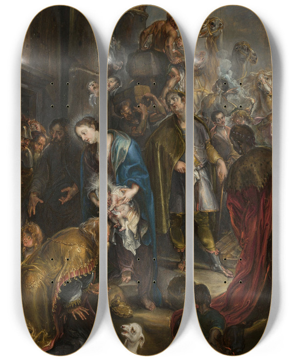 Triptych art skateboard deck of Simon De Vos Adoration Of The Magi by Simon de Vos (1603-1676)