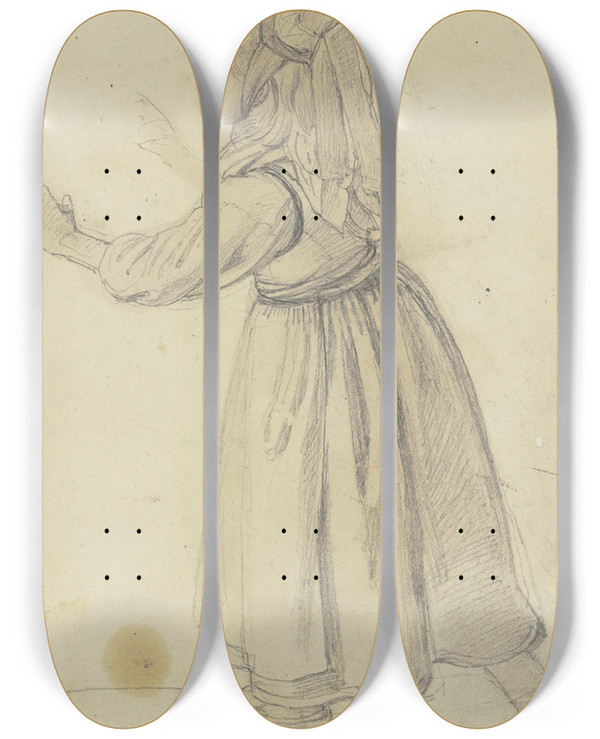 Triptych art skateboard deck of Jakob Becker Little Farmgirl_3 by Jakob Becker (1810-1872)