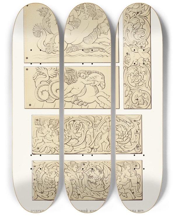 Triptych art skateboard deck of Fedor Grigoryevich Solntsev Ocherki Rezby Po Slonovoi Kosti Na Trone Ioanna Iii Izobrazhenie 17 by Fedor Grigoryevich Solntsev (1801-1892)
