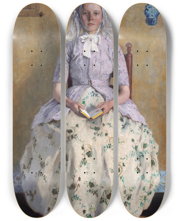 Triptych art skateboard deck of Gari Melchers The Communicant by Gari Melchers (1860-1932)