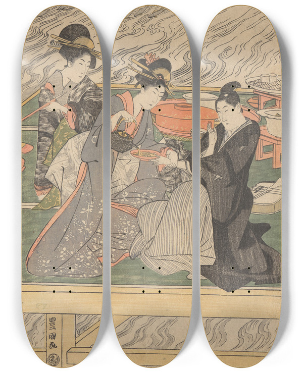 Triptych art skateboard deck of Toyokuni Utagawa Women At Tea On Wharf by Toyokuni Utagawa (1769-1825)