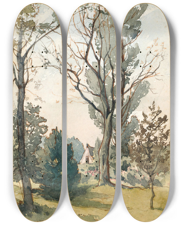 Triptych art skateboard deck of Henrijoseph Harpignies Maison Dans Les Bois De Famars by Henri Joseph Harpignies (1819-1916)
