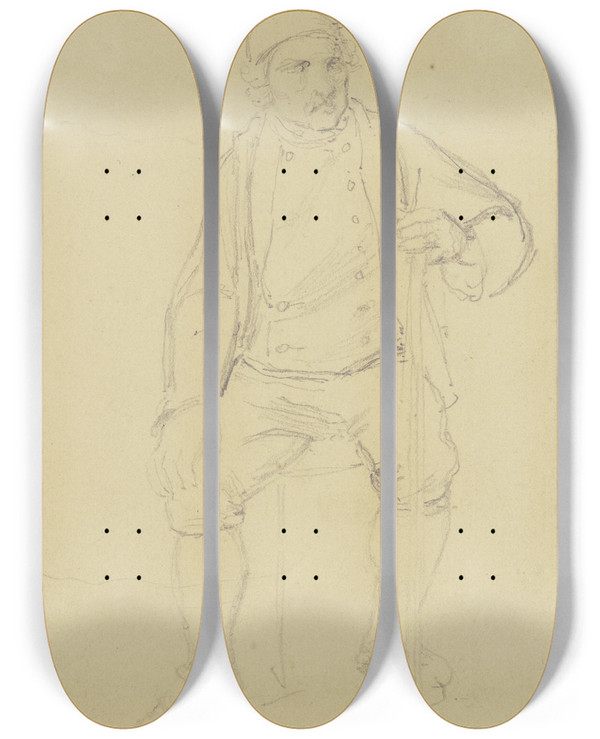 Triptych art skateboard deck of Jakob Becker Sitting Farmer by Jakob Becker (1810-1872)