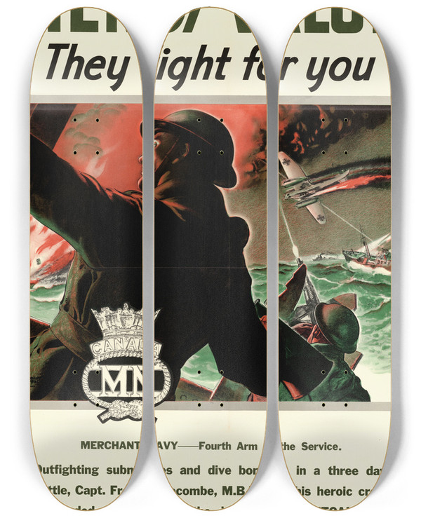 Triptych art skateboard deck of Hubert Rogers Men Of Valor They Fight For You_2 by Hubert Rogers (1898-1982)