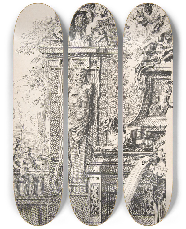 Triptych art skateboard deck of Workshop Of Gillesmarie Oppenord Study For A Garden Capriccio_2 by Workshop Of Gilles Marie Oppenord (1672-1742)