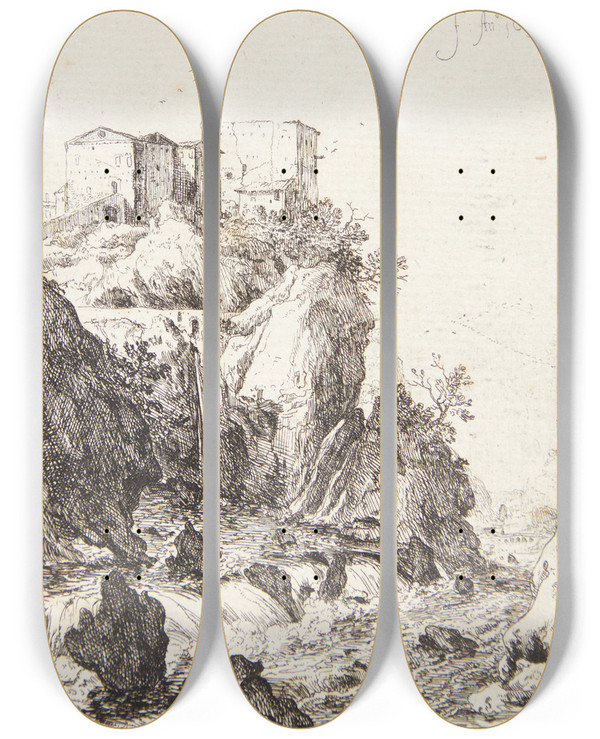 Triptych art skateboard deck of Bartholomeus Breenbergh Vandfald Nr Ponte Della Trave by Bartholomeus Breenbergh (1598-1657)