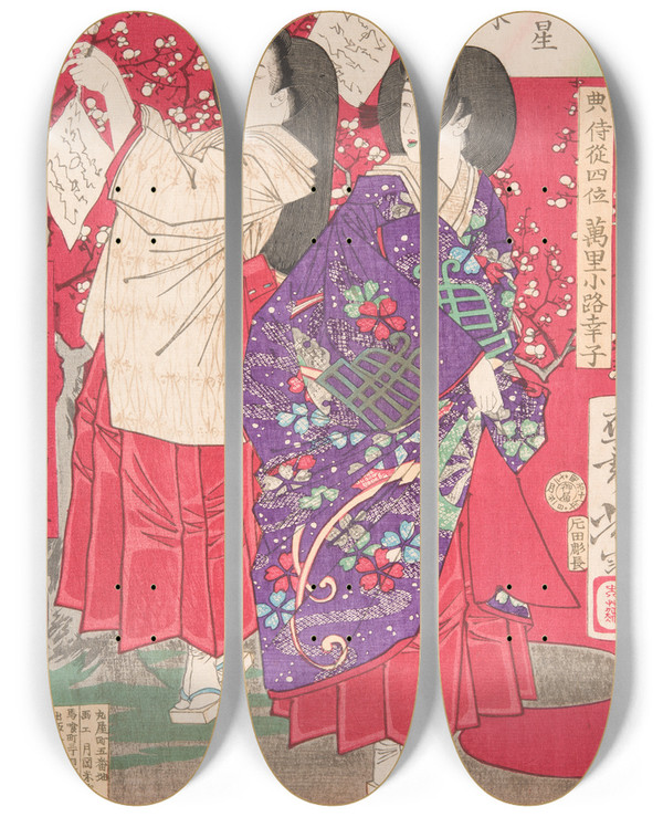 Triptych art skateboard deck of Tsukioka Yoshitoshi Wood For The Plum Tree by Tsukioka Yoshitoshi (1839-1892)