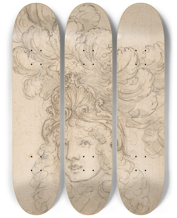 Triptych art skateboard deck of Giovanni Battista Foggini View Of A Design For A Headpiece Decorated With A Shell And Large Plume by Giovanni Battista Foggini (1652-1725)