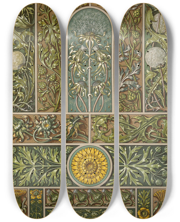 Triptych art skateboard deck of Anton Seder Die Pflanze In Kunst Und Gewerbe Pl013 by Anton Seder (1850-1916)