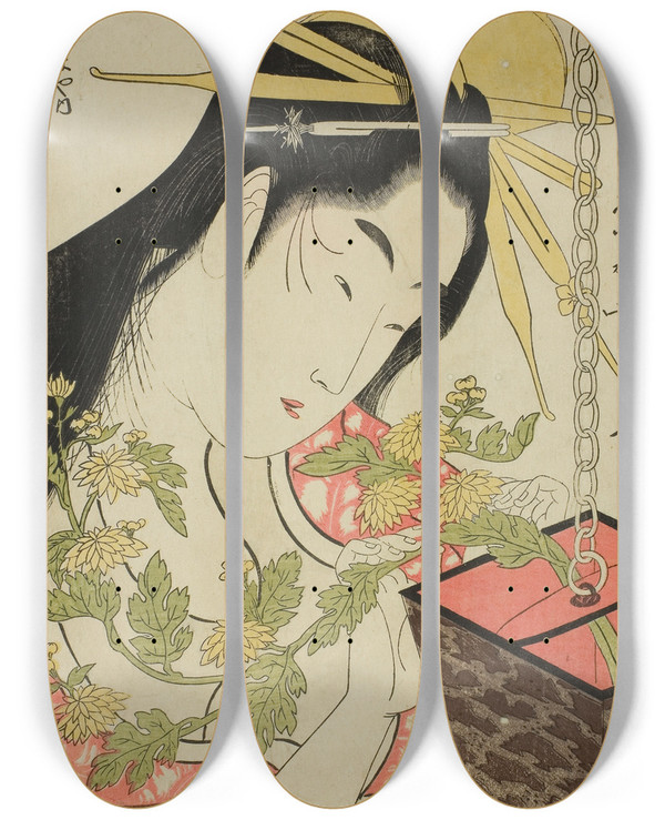 Triptych art skateboard deck of Ichirakutei Eisui The Courtesan Tsukioka Of The Hyogoya by Ichirakutei Eisui (1793-1801)