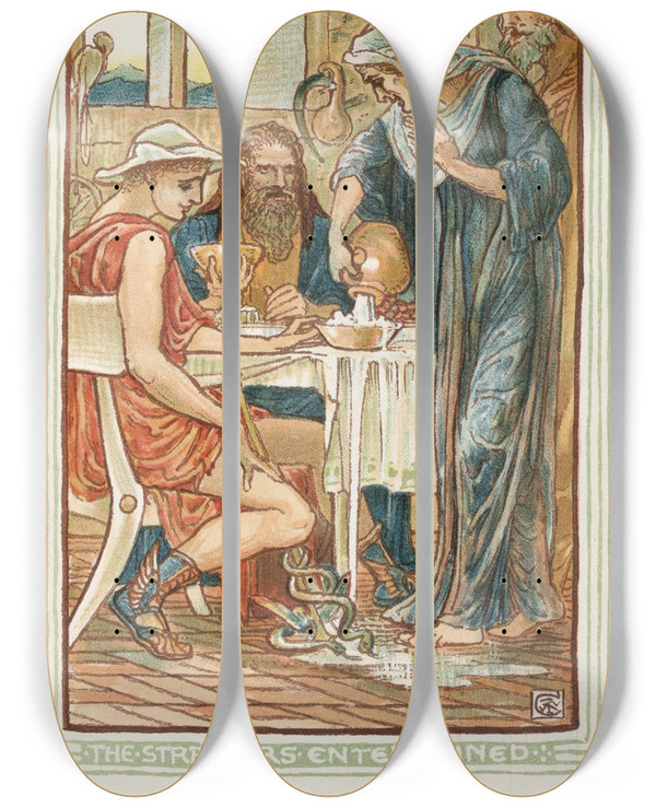 Triptych art skateboard deck of Walter Crane The Strangers Entertained by Walter Crane (1845-1915)