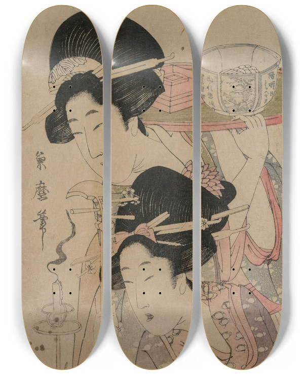 Triptych art skateboard deck of Kitagawa Tsukimaro Two Geishas Beside A Candle by Kitagawa Tsukimaro (1794-1836)