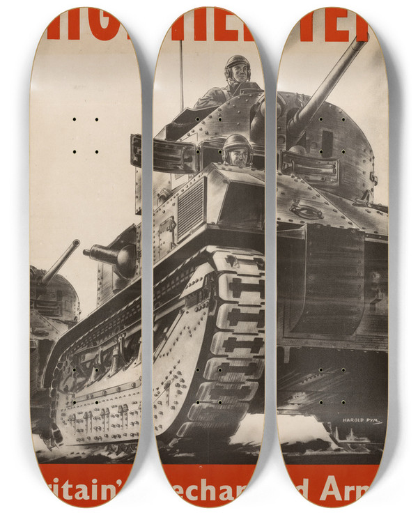 Triptych art skateboard deck of Harold Pym Mightier Yet by Harold Pym (1930-1970)