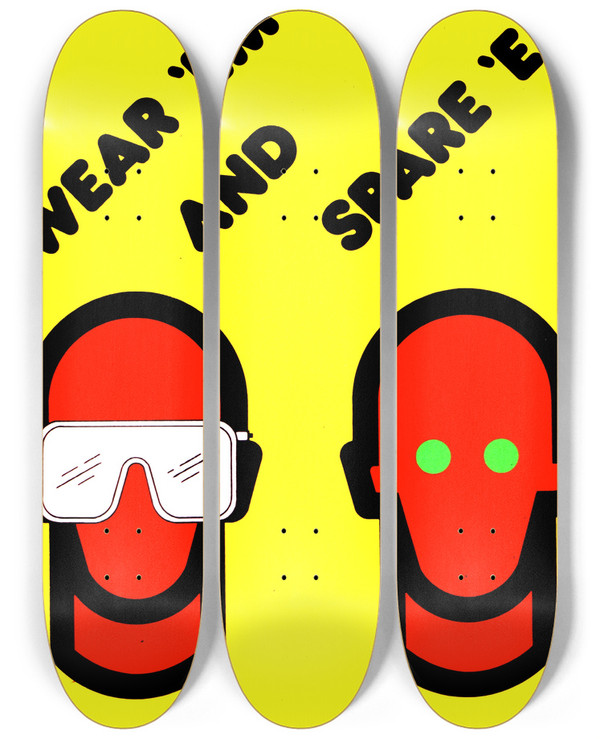 Triptych art skateboard deck of National Institutes Of Health Wear Em And Spare Em by National Institutes Of Health (1887)