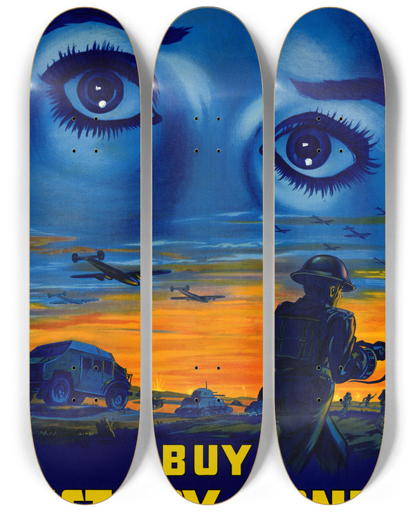 Triptych art skateboard deck of G K Odell Buy Victory Bonds by G K Odell (20-)