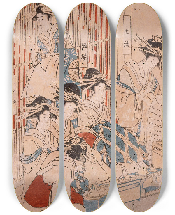 Triptych art skateboard deck of Kitagawa Utamaro Courtesans Of The Giya Brothel On Display by Kitagawa Utamaro (1753-1806)