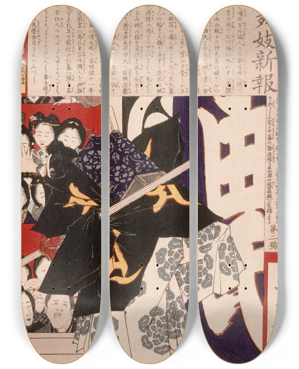 Triptych art skateboard deck of Tsukioka Yoshitoshi Actor As Musashib Benkei In Kanjinch by Tsukioka Yoshitoshi (1839-1892)