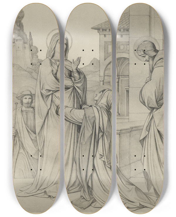 Triptych art skateboard deck of Eduard Von Steinle Heimsuchung Mariae by Eduard Von Steinle (1810-1886)
