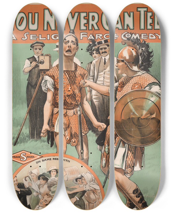 Triptych art skateboard deck of Goes Litho Co You Never Can Tell A Selig Farce Comedy by Goes Litho Co (19-20-)