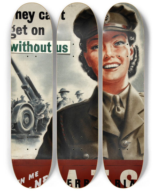 Triptych art skateboard deck of Thomas Cantrell Dugdale They Cant Get On Without Us Join Me In The New Ats A Vital Branch Of Britains Territorial Army 9 Divisions With Modern Equipment by Thomas Cantrell Dugdale (1880-1952)