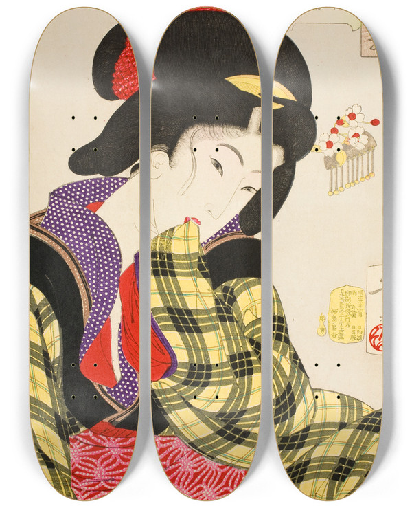 Triptych art skateboard deck of Tsukioka Yoshitoshi Looking Shy The Manners Of A Young Girl Of The Meiji Era by Tsukioka Yoshitoshi (1839-1892)