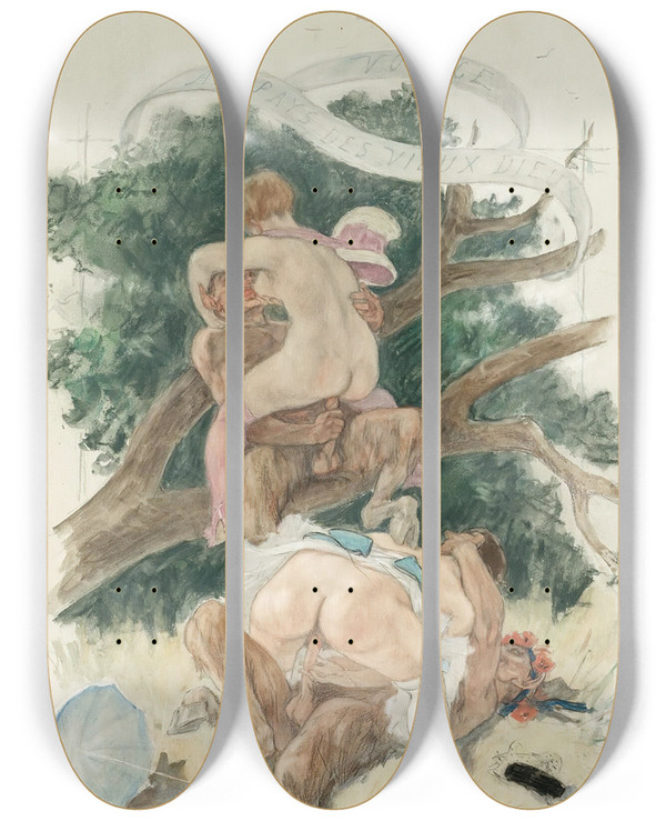 Triptych art skateboard deck of Flicien Rops Voyage Au Pays Des Vieux Dieux by Felicien Rops (1833-1898)