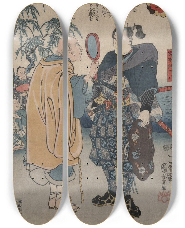 Triptych art skateboard deck of Utagawa Kuniyoshi Miyamoto Musashi by Utagawa Kuniyoshi (1797-1861)