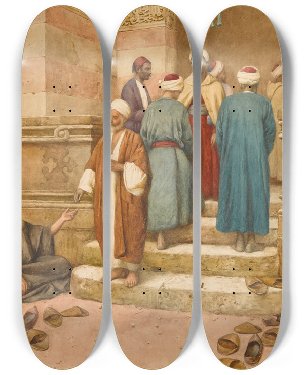 Triptych art skateboard deck of Enrico Tarenghi Entrance To The Mosque by Enrico Tarenghi (1848-1938)