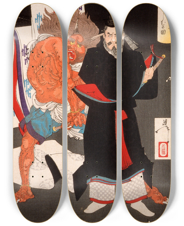 Triptych art skateboard deck of Tsukioka Yoshitoshi Lord Sadanobu Threatens A Demon In The Palace At Night by Tsukioka Yoshitoshi (1839-1892)