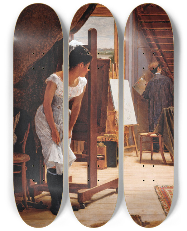 Triptych art skateboard deck of Almeida Jnior The Inopportune by Almeida Junior (1850-1899)