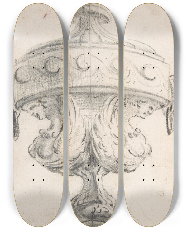 Triptych art skateboard deck of Gillesmarie Oppenord Design For A Vase by Gilles Marie Oppenord (1672-1742)