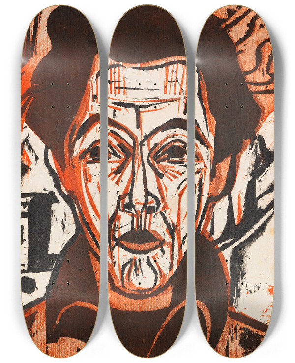 Triptych art skateboard deck of Ernst Ludwig Kirchner Selbstportrait by Ernst Ludwig Kirchner (1880-1938)