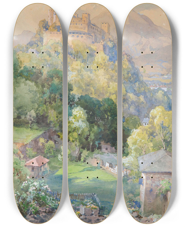 Triptych art skateboard deck of Edward Theodore Compton Festung Hohensalzburg Von Der Richterhhe by Edward Theodore Compton (1849-1921)